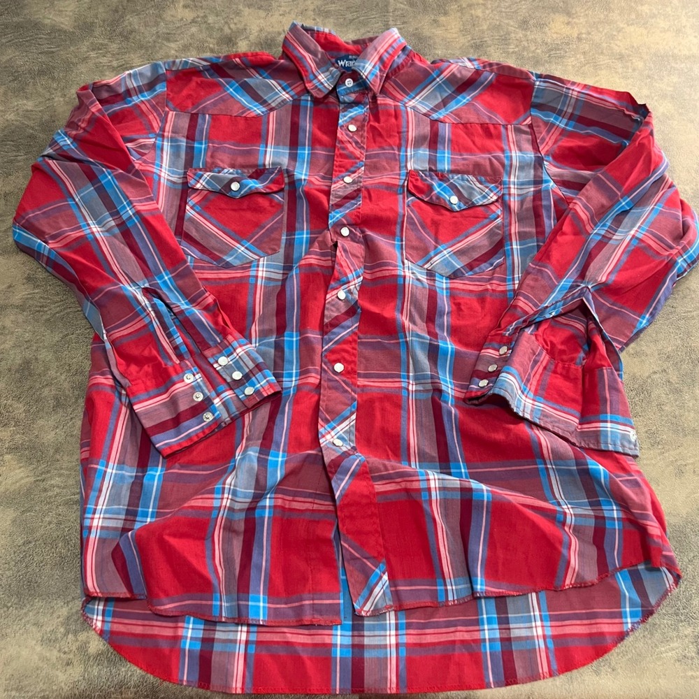 Wrangler Western Shirt Mens Large Red Plaid Pearl Snap Long Sleeve 4201